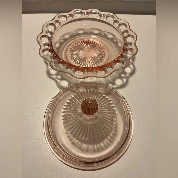 Vintage Pink Glass Dish Depression Glass Ribbed Lid w/Lace